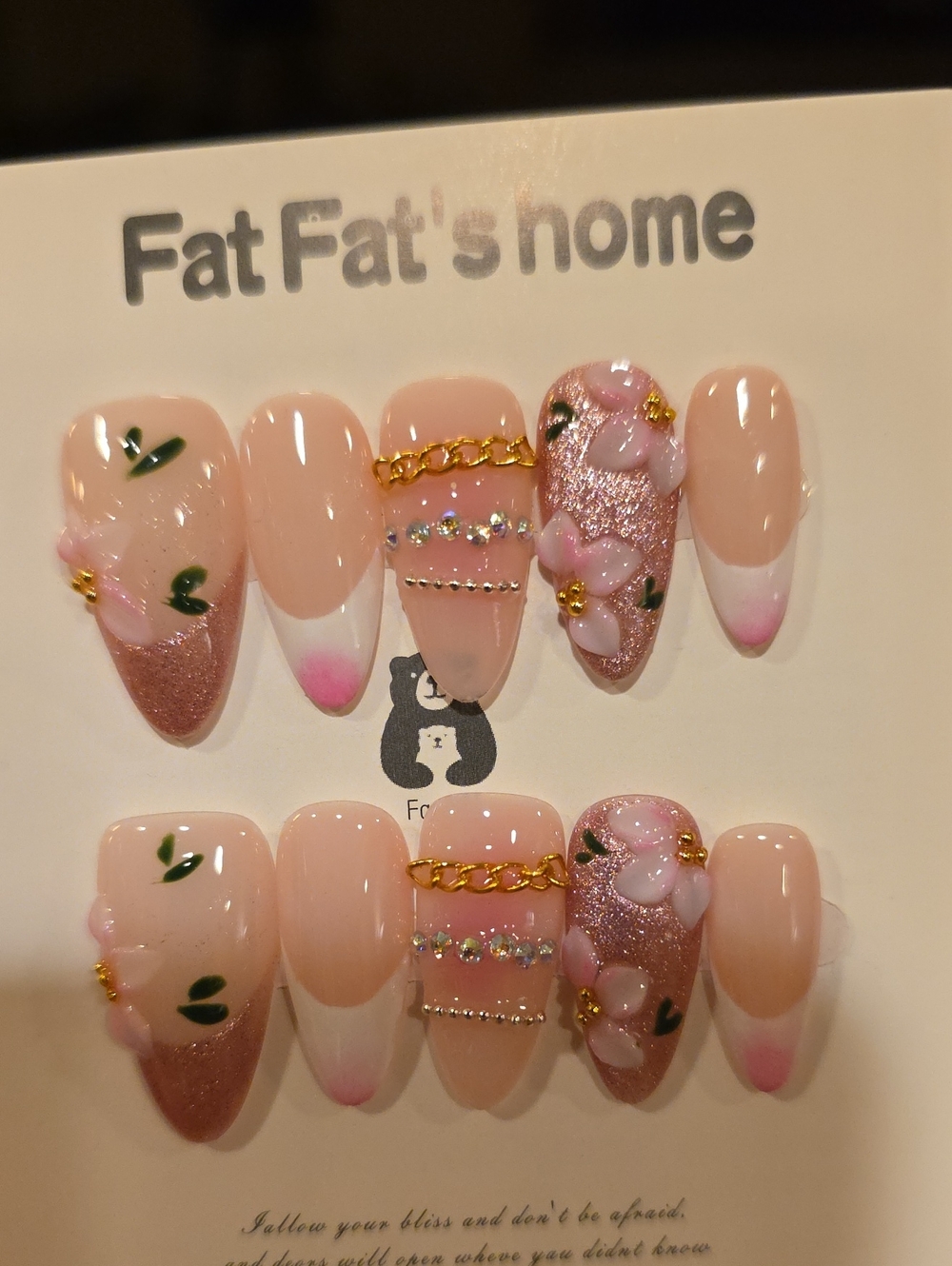 Pink Floral Rhinestone Press-On Nail Set Size Large